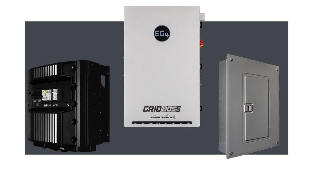 High quality photo of Electrical Pannels featured on Current Connected's website prominently featuring EG4 Products. Created by Current Connected for their shop categories.