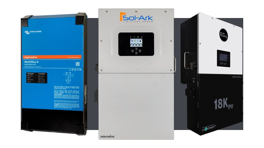 High quality photo of Inverters featured on Current Connected's website prominently featuring Sol-Ark, EG4, and Victron Products. Created by Current Connected for their shop categories.