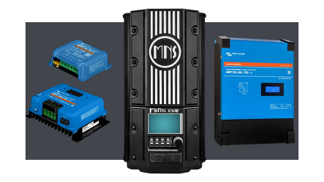 High quality photo of Solar Charge Controllers featured on Current Connected's website prominently featuring Midnite Solar Products. Created by Current Connected for their shop categories.