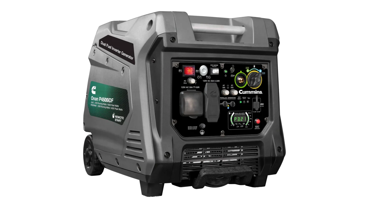Cummins - A068H732 - Cummins - Onan P4500iDF Dual-Fuel Inverter Generator - Angled Left View