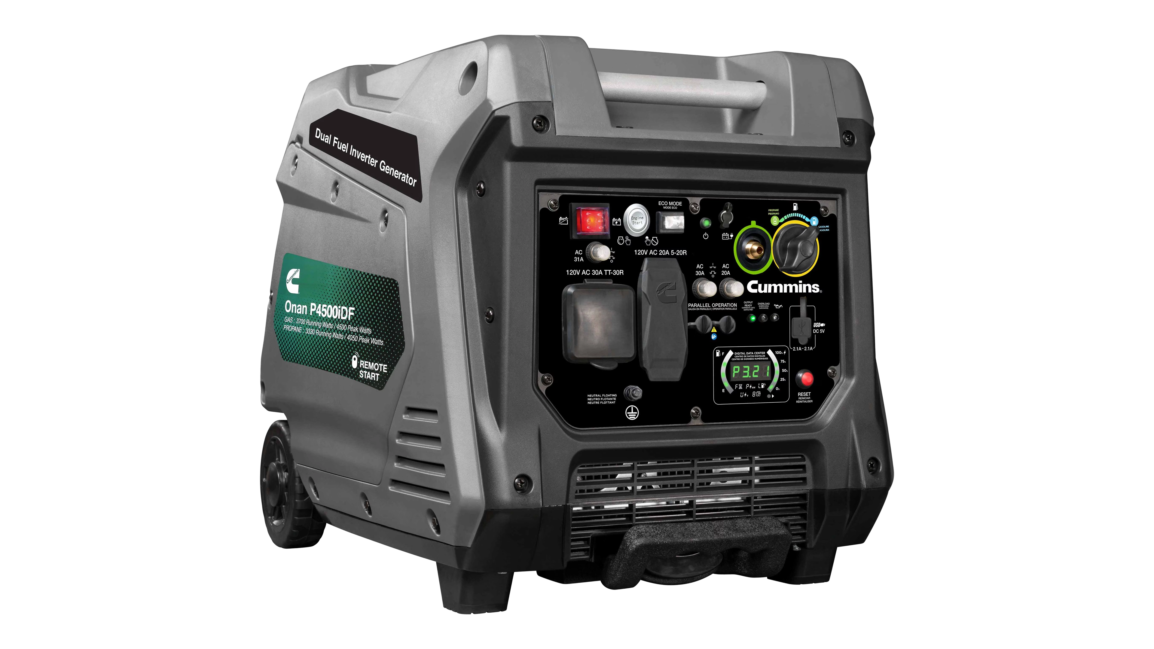 Cummins - A068H732 - Cummins - Onan P4500iDF Dual-Fuel Inverter Generator - Angled Left View