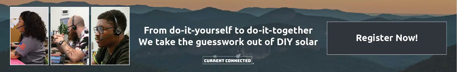 Home page banner of the current connected staff, some featured products, and it says from do-it-yourself to do-it-together we take the guesswork out of diysolar.