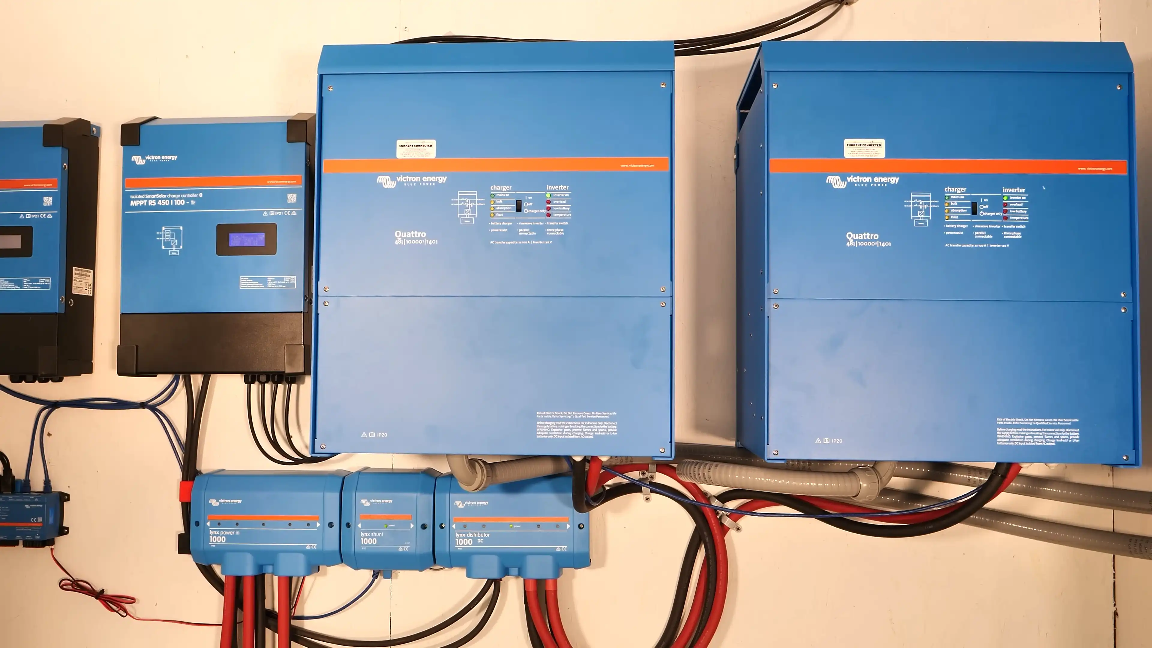 High quality photo of Victron inverters charge controllers and Lynx distribution system. Photographed by Current Connected.