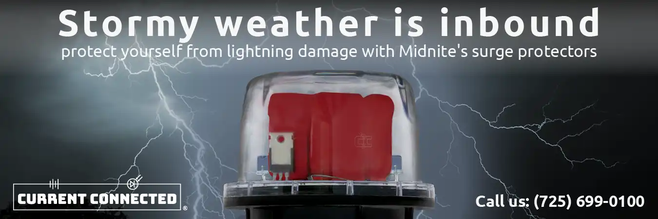 High quality photo of Banner saying "Stormy weather is inbound protect yourself from lightning damage with midnite surge protectors" prominently featuring one of our Midnite surge protectors sold by Current Connected. Created by Current Connected for the Home page.
