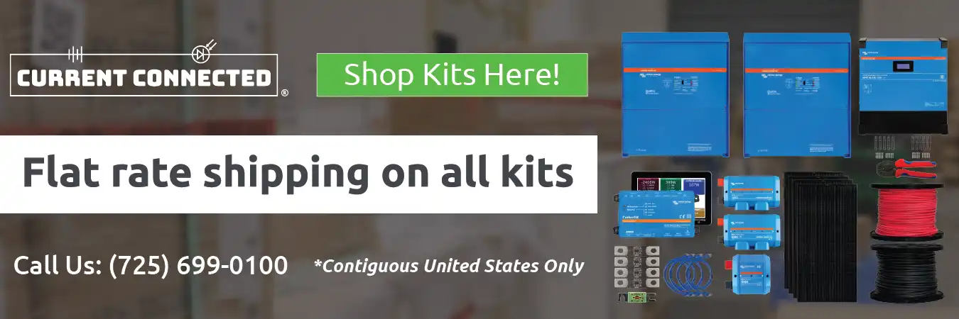 High quality photo of Banner saying "300 Shipping on Kits" prominently featuring one of our Victron Kits by Current Connected. Created by Current Connected for the Home page.