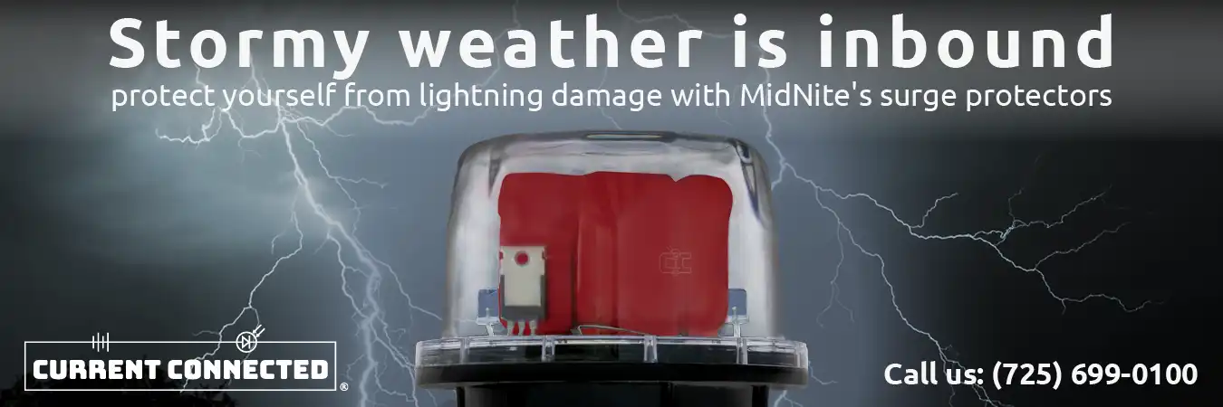 High quality photo of Banner saying "Stormy weather is inbound protect yourself from lightning damage with midnite surge protectors" prominently featuring one of our Midnite surge protectors sold by Current Connected. Created by Current Connected for the Home page.