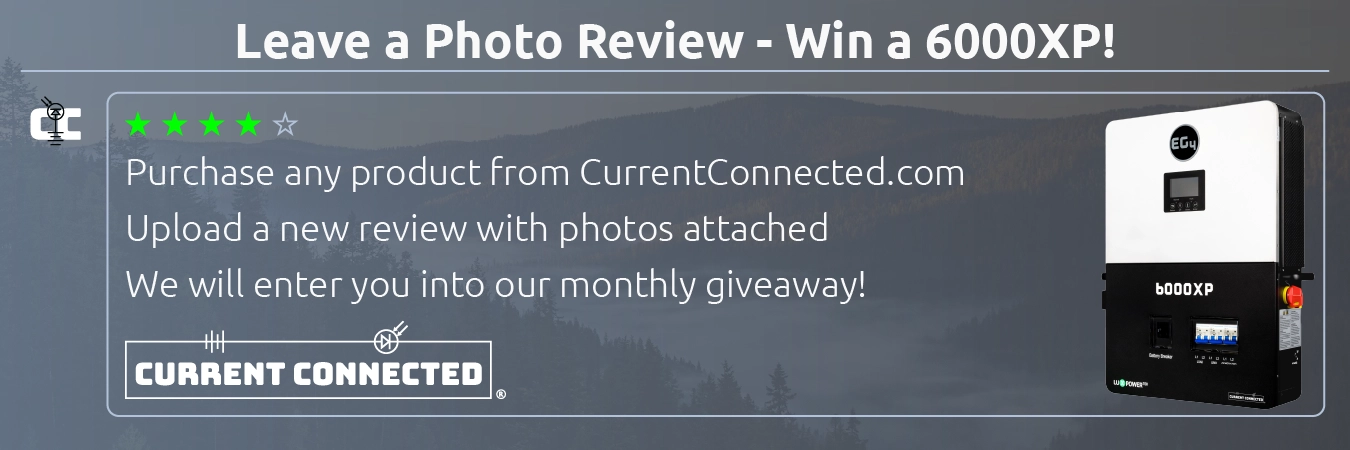 High quality photo of Banner saying "Leave a photo review - win a 6000xp! Purchase any product from currentconnected.com, upload a new review with photos attached, we will enter you into our monthly giveaway. " prominently featuring a 6000xp and mountain scenery sourced Current Connected. Created by Current Connected for the home page.