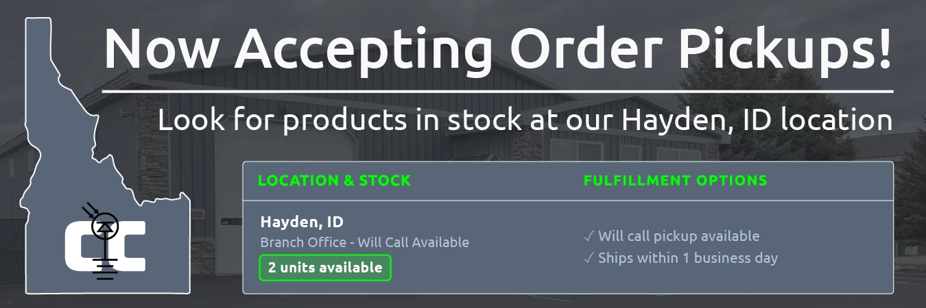 High quality photo of Banner saying "Now accepting order pickups! Look for products in stock at our Hayden, ID location " prominently featuring the state of Idaho and the Hayden Idaho Current Connected office sourced by Current Connected. Created by Current Connected for the home page carousel.