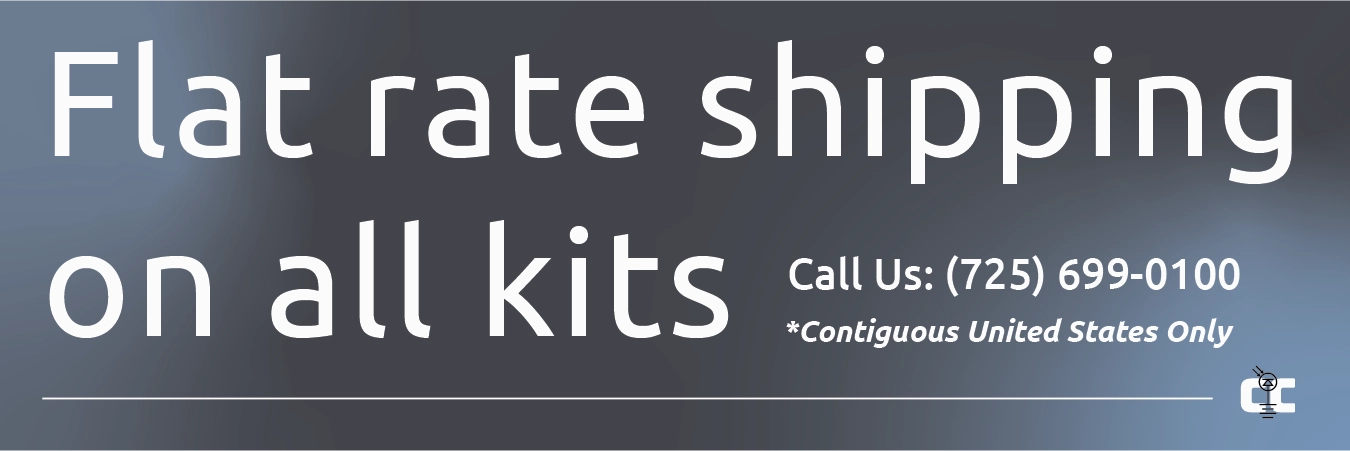 High quality photo of Banner saying "Flat Rate Shipping on all kits, Contiguous United States Only" sourced by Current Connected. Created by Current Connected for the home page carousel.