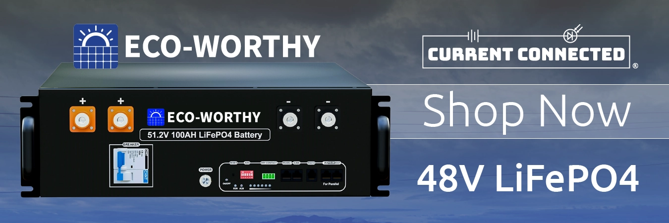High quality photo of Banner saying "Shop now 48V LiFePO4 Eco-Worthy Battery" prominently featuring the Eco-Worthy Battery sourced by Current Connected. Created by Current Connected for the home page carousel.