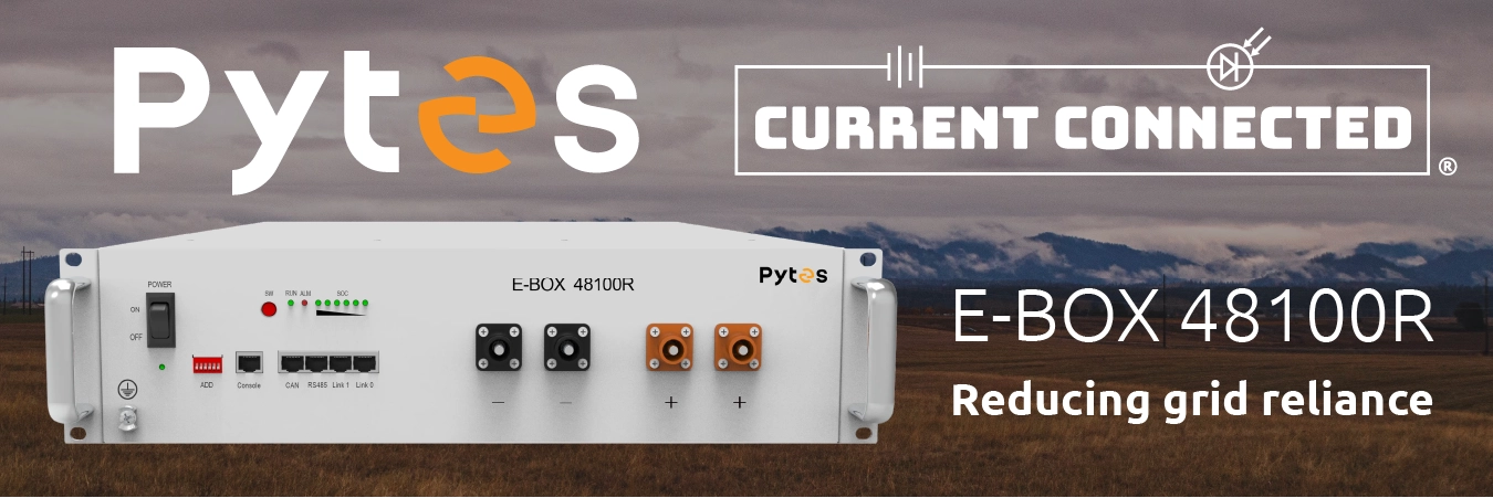 High quality photo of Banner saying "Pytes E-Box 48100R Reducing grid reliance" prominently featuring the Pytes E-Box 48100R sourced by Current Connected. Created by Current Connected for the home page carousel.