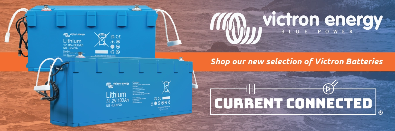 High quality photo of Banner saying "Shop our new selection of Victron Batteries" prominently featuring Victron Energy batteries a brand sold by Current Connected. Created by Current Connected for their marketing.