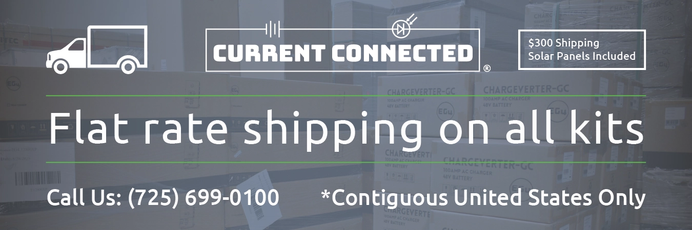 High quality photo of Banner saying "Flat rate shipping on all kits, Call us: (725) 699-0100 *Contiguous United States Only $300 Shipping Solar Panels Included" prominently featuring snowy imagery sourced Current Connected. Created by Current Connected for the Carousel.