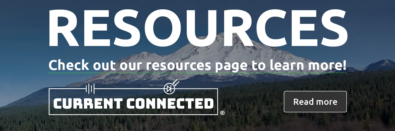 High quality photo of Banner saying "Resources. Check out our resources page to learn more! Read More" prominently featuring mountain imagery sourced by Current Connected. Created by Current Connected for the Carousel.