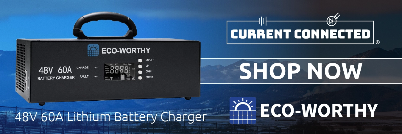 High quality photo of Banner saying "48V 60A Lithium Battery Charger Shop Now" prominently featuring The 48V 60A Lithium Battery Charger by Eco-Worthy sourced by Current Connected. Created by Current Connected for the Carousel.