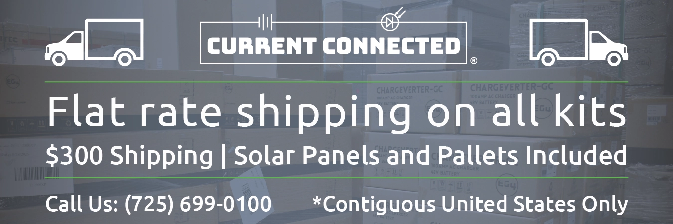 High quality photo of Banner saying "Flat rate shipping on all kits, Call us: (725) 699-0100 *Contiguous United States Only $300 Shipping Solar Panels Included" prominently featuring snowy imagery sourced Current Connected. Created by Current Connected for the Carousel.