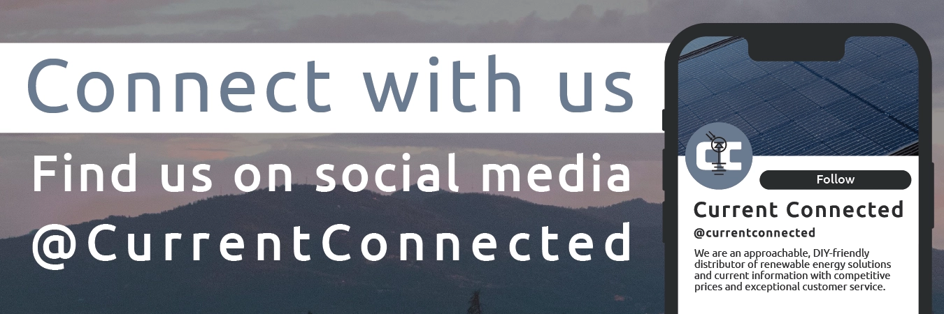 High quality photo of Banner saying "Connect with us Find us on social media @CurrentConnected" prominently featuring a Current Connected social media mockup. Created by Current Connected for their social media promotional page.