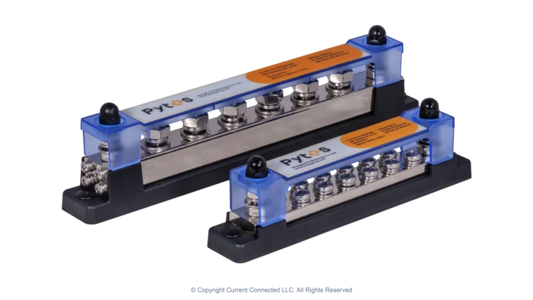 High quality photo of the Pytes 300A / 600A Busbars Top View. Photographed by Current Connected