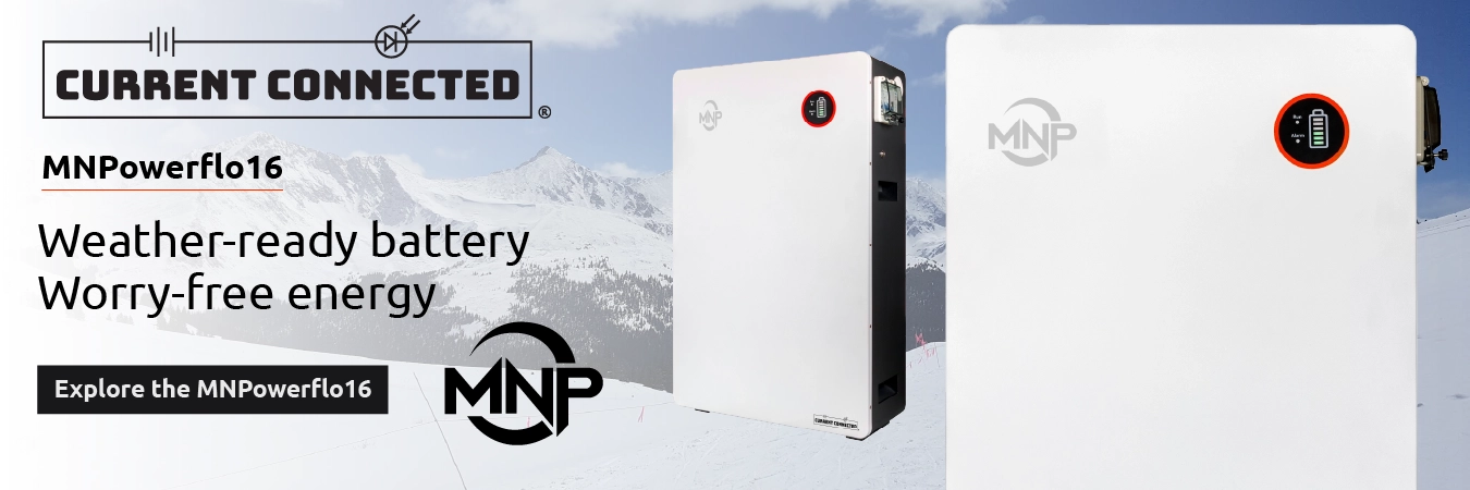 High quality photo of Banner saying "MNPowerflo 16 Weather-ready battery Worry Free Energy Explore the MNPowerflo 16." prominently featuring the MNPowerflo 16 by MNP. Created by Current Connected for their homepage carousel.