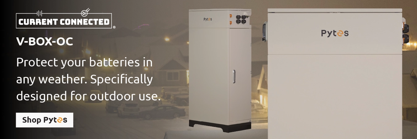 High quality photo of Banner saying "V-BOX-OC Protect your batteries in any weather. Spesifically designed for outdoor use" prominently featuring the V-BOX-OC by Pytes. Created by Current Connected for their homepage carousel.