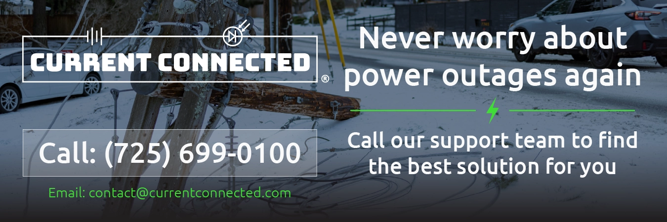 High quality photo of Banner saying "Never worry about power outages again. Call our support team to find the best solution for you. Call (725) 699 -0100 Email: contact@currentconnected.com" prominently featuring snowy imagery sourced by Current Connected. Created by Current Connected for the home page.