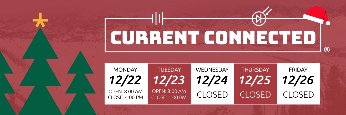 High quality photo of Banner saying when the Current Connected offices will be open during the week of Christmas. The Monday of December 21st it is open from 8:00 am to 4:00 pm. The Tuesday of December 22nd it is open from 8:00 am to 1:00 pm. The rest of the week from the 24th through the 26th it is closed. The graphic prominently features the snowy Christmas imagery sourced by Current Connected. Created by Current Connected for the home page.