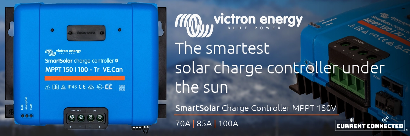 High quality photo of Banner saying "The smartest solar charge controller under the sun. SmartSolar Charge Controller MPPT 150V. 70A | 85A | 100A." prominently featuring 150V Victron MPPT imagery sourced by Current Connected. Created by Current Connected for the home page.
