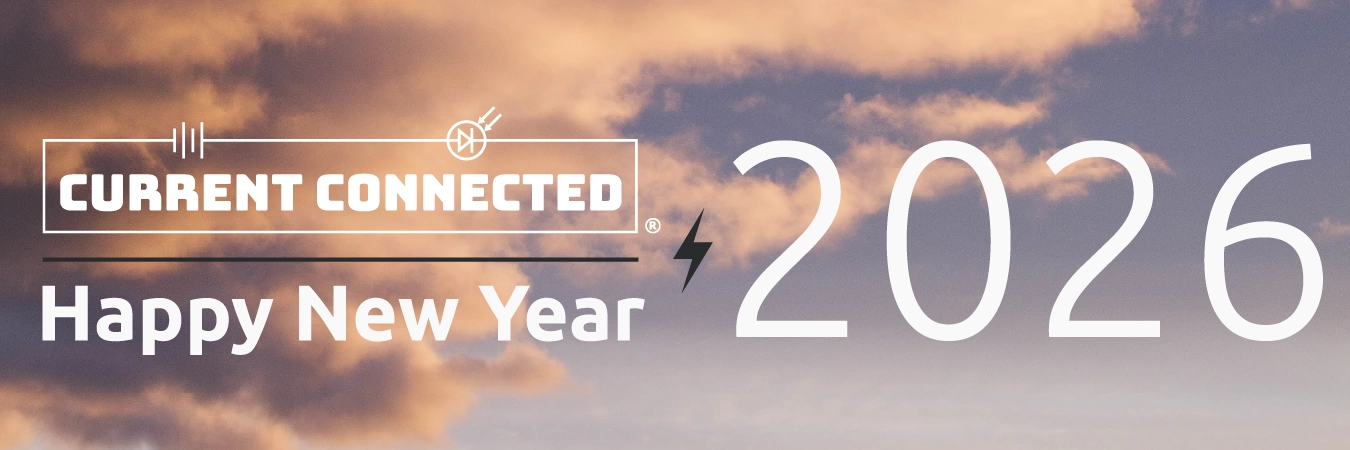 High quality photo of Banner saying "Happy New Year 2026" prominently featuring sunset imagery sourced by Current Connected. Created by Current Connected for the home page.