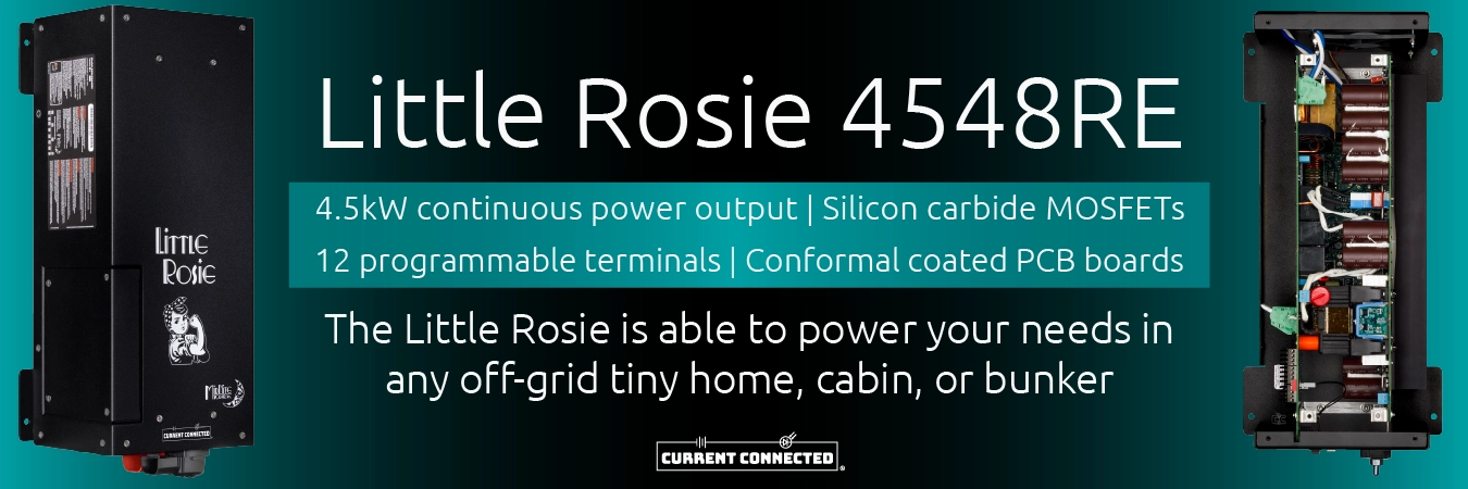 High quality photo of Banner saying 'Little Rosie 4548RE 4.5kW continuous power output | Silicon carbide MOSFETs. 12 programmable terminals | Conformal coated PCB boards' prominently featuring The Little Rosie 4548RE by Midnite Solar, imagery sourced by Current Connected. Created by Current Connected for the home page.