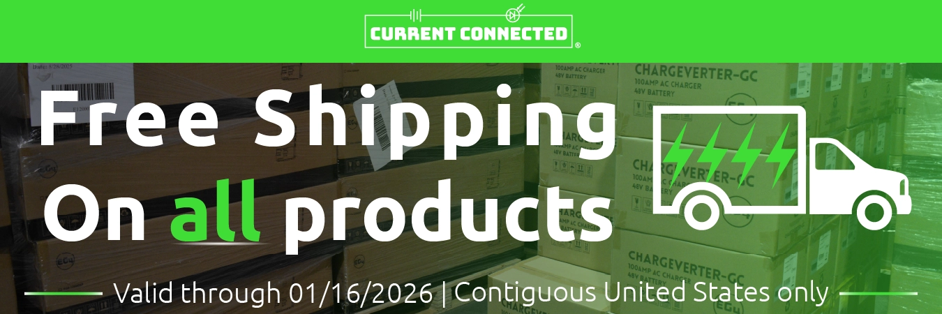 High quality photo of Banner saying "Free Shipping on All products. Valid through 01/16/2026 | Contiguous United States only" prominently featuring shipping imagery sourced by Current Connected. Created by Current Connected for DIY Solar Forum.