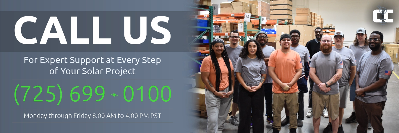 High quality photo of Banner saying "Call Us, For Expert Support at Every Step of your solar project. (725) 699 - 0100. Monday through Friday 8:00 AM to 4:00 PM PST" prominently featuring Call Techs from Current Connected, imagery sourced by Current Connected. Created by Current Connected for promotional materials.