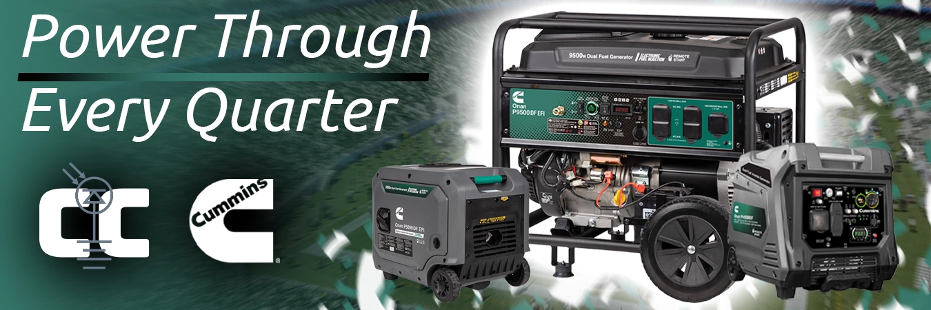 High quality photo of Banner saying "Power Through Every Quarter" prominently featuring Cummins Generators, imagery sourced by Current Connected. Created by Current Connected for promotional materials.