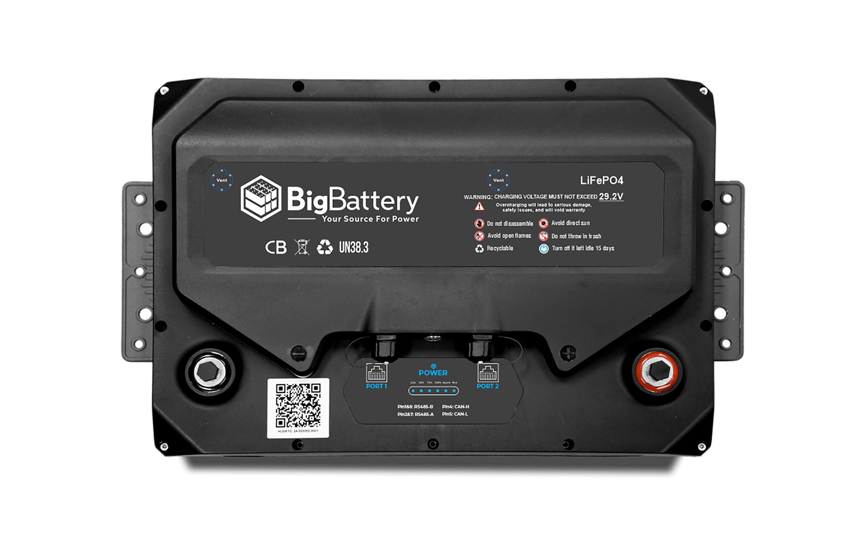 High quality photo of the Big Battery Husky 24V LiFePO4 Battery INV Top View. Photo sourced by Current Connected.
