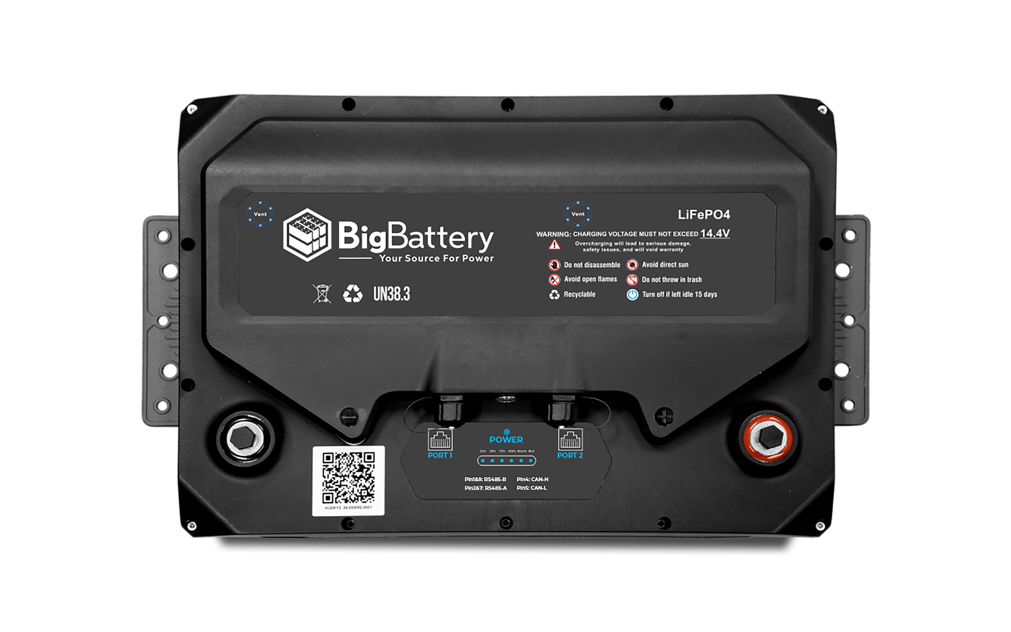 High quality photo of the Big Battery Husky 12V LiFePO4 Battery INV Top View. Photo sourced by Current Connected.
