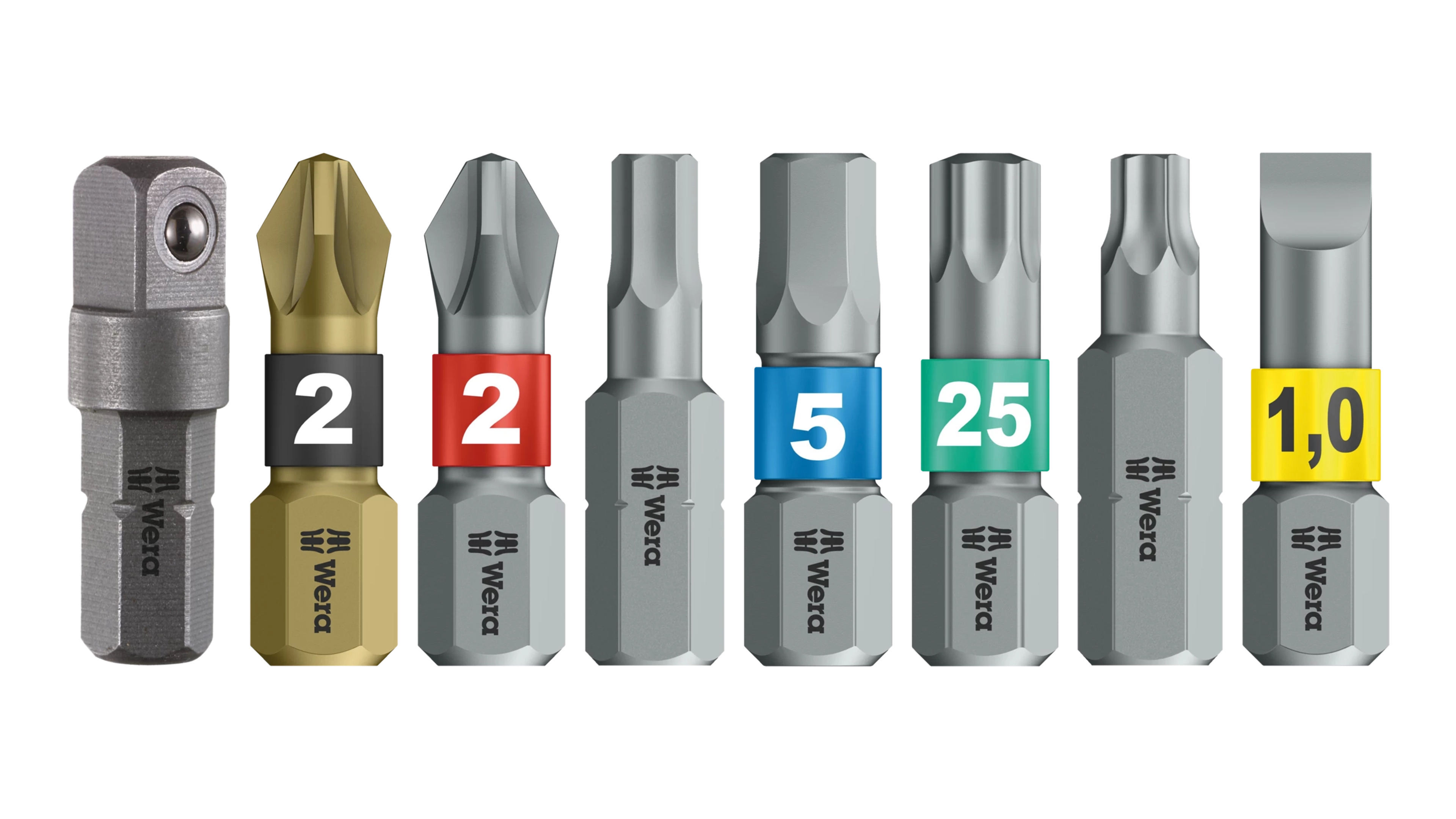 High quality photo of the Wera Tool-Check PLUS 1 Included Bits. Photo sourced by Current Connected from WERA Tools.
