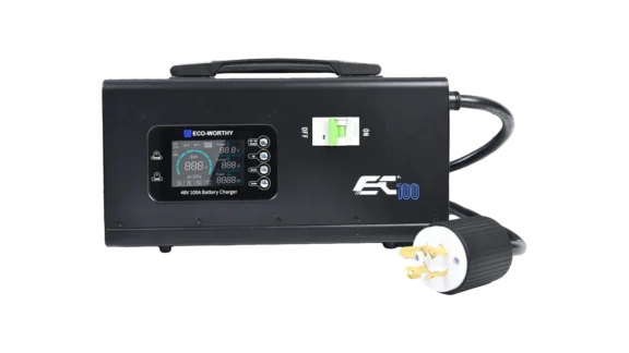 High quality photo of the ECO-WORTHY EC100 48V 100a Battery Charger Front View. Photo sourced by Current Connected from ECO-WORTHY.