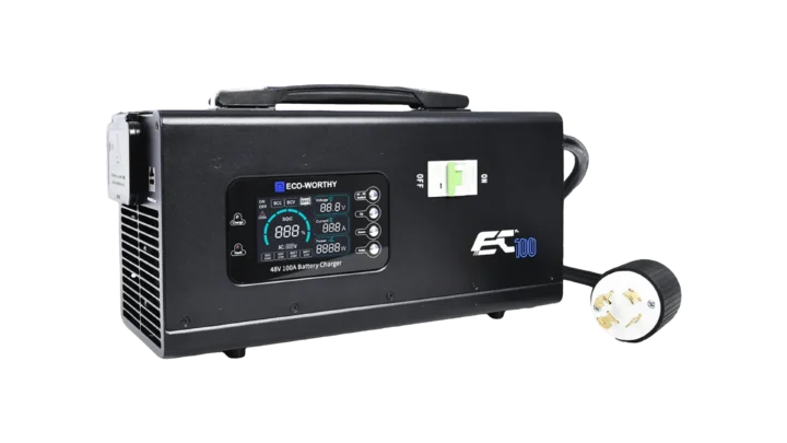 High quality photo of the ECO-WORTHY EC100 48V 100a Battery Charger Front Right View. Photo sourced by Current Connected from ECO-WORTHY.