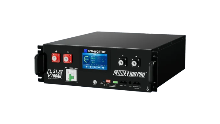 High quality photo of the ECO-WORTHY Cubix 100 Pro Front Right View. Photo sourced by Current Connected from ECO-WORTHY.