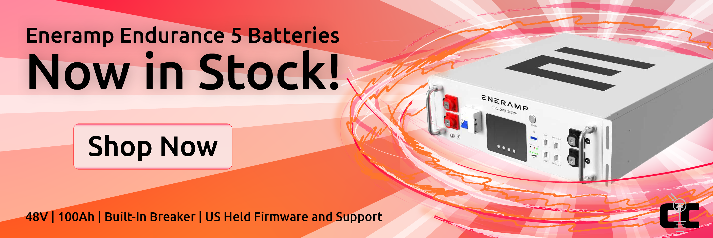 High quality photo of Banner saying "Eneramp Endurance 5 Batteries Now in Stock. 48V, 100Ah, Built-in breaker, US held firmware and support." Prominently displays an image of the Endurance 5 battery and a shop now button. Imagery created by Current Connected for promotional materials.
